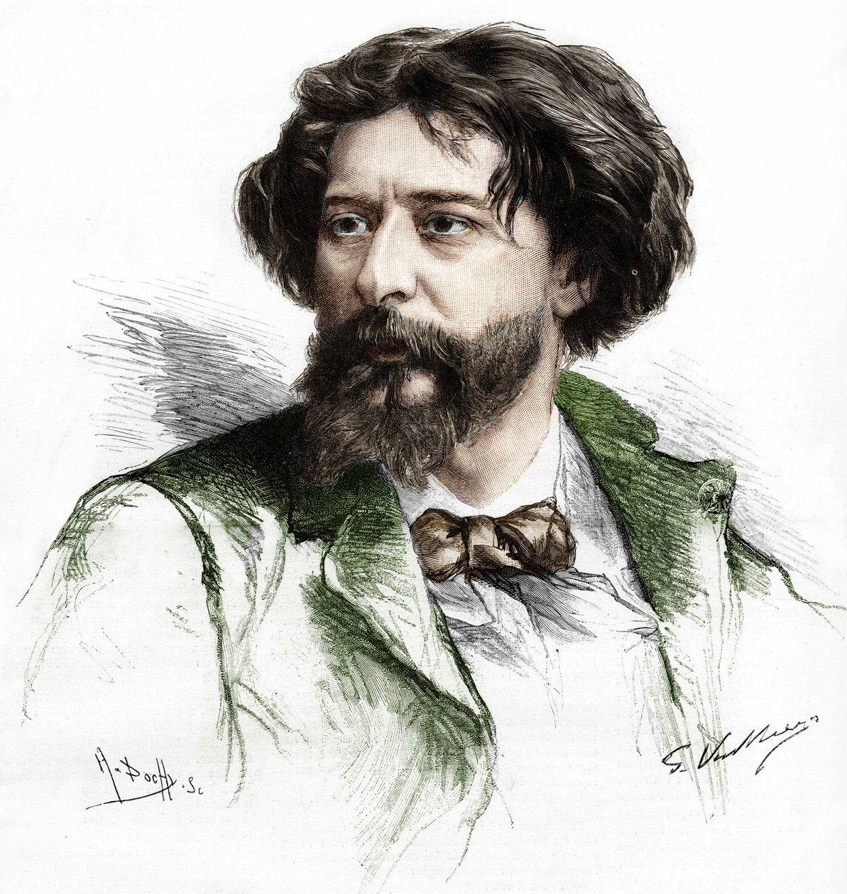 Porträtt av Alphonse Daudet (1840-1897), fransk författare. Gravyr av A. Pochy efter Gaston Vuillier, sd. sent 1800-tal. av Gaston (after) Vuillier