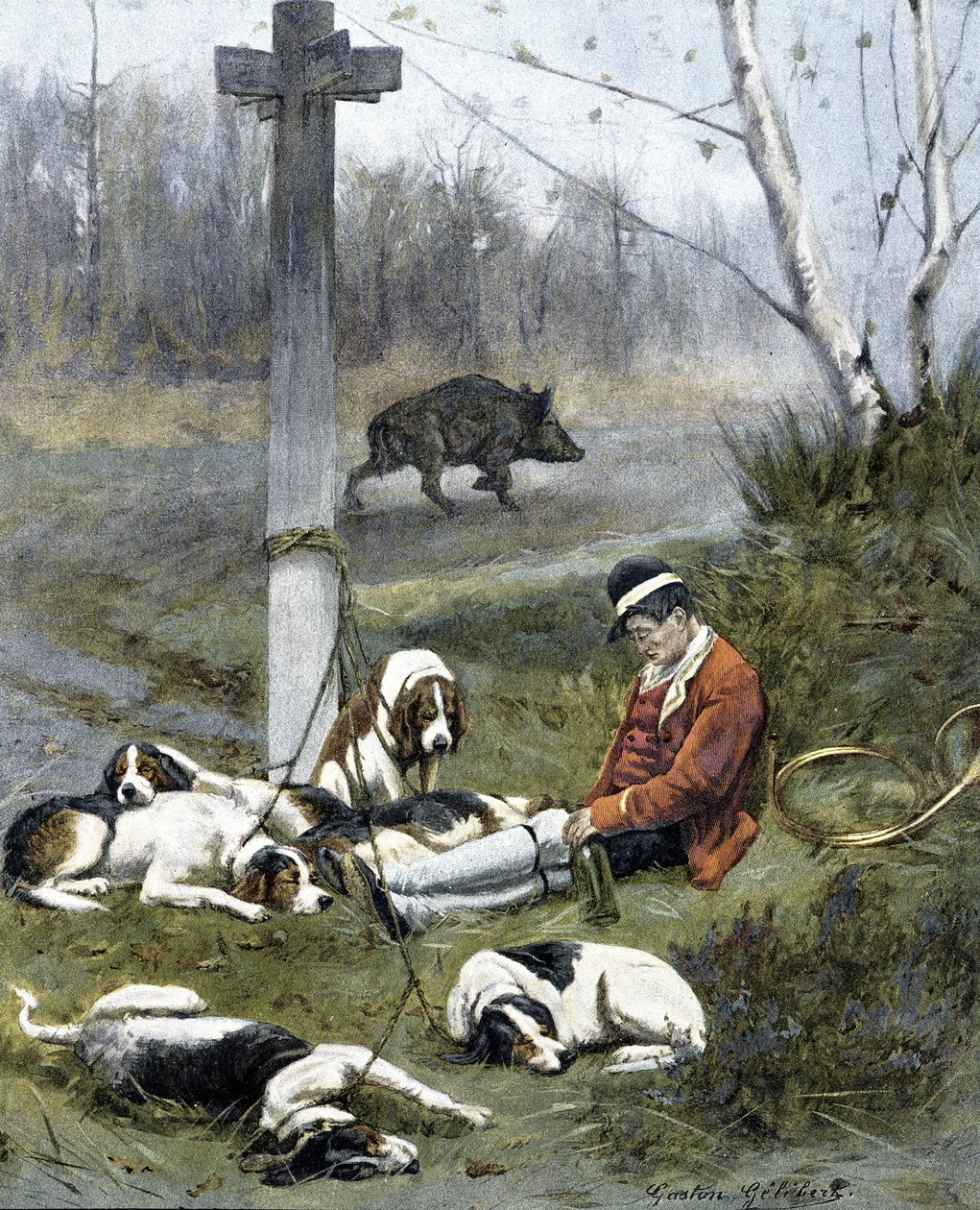 Jägaren och hans sömniga hundar - gravyr av Gaston Gelebert av Gaston Gelibert
