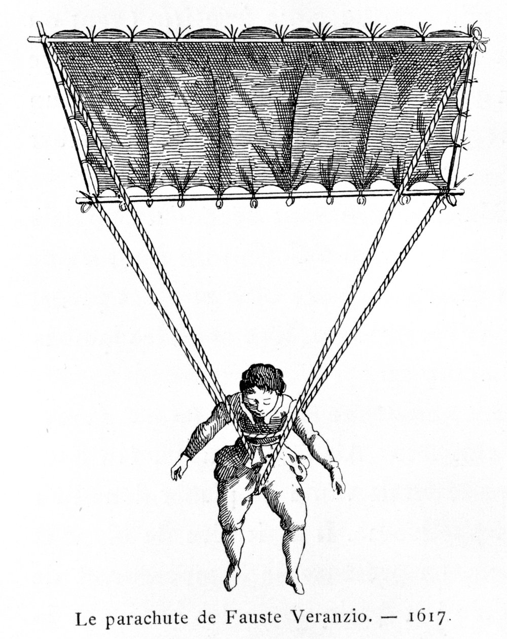 Fauste Veranzios fallskärm, 1617, 1887 av Gaston Tissandier