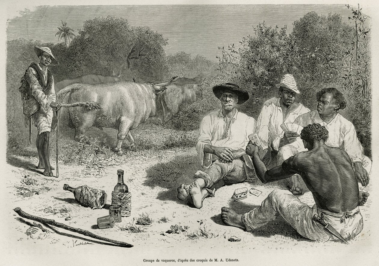 En grupp vaqueros som spelar kort och dricker alkohol, nära sina oxhjordar, graverade efter en teckning av G.Vuillier, för att illustrera historien De Cayenne aux Andes, av Jules Crevaux, doktor vid den franska flottan, 1878-1879, publicerad i tour du mon av Gaston Vuillier
