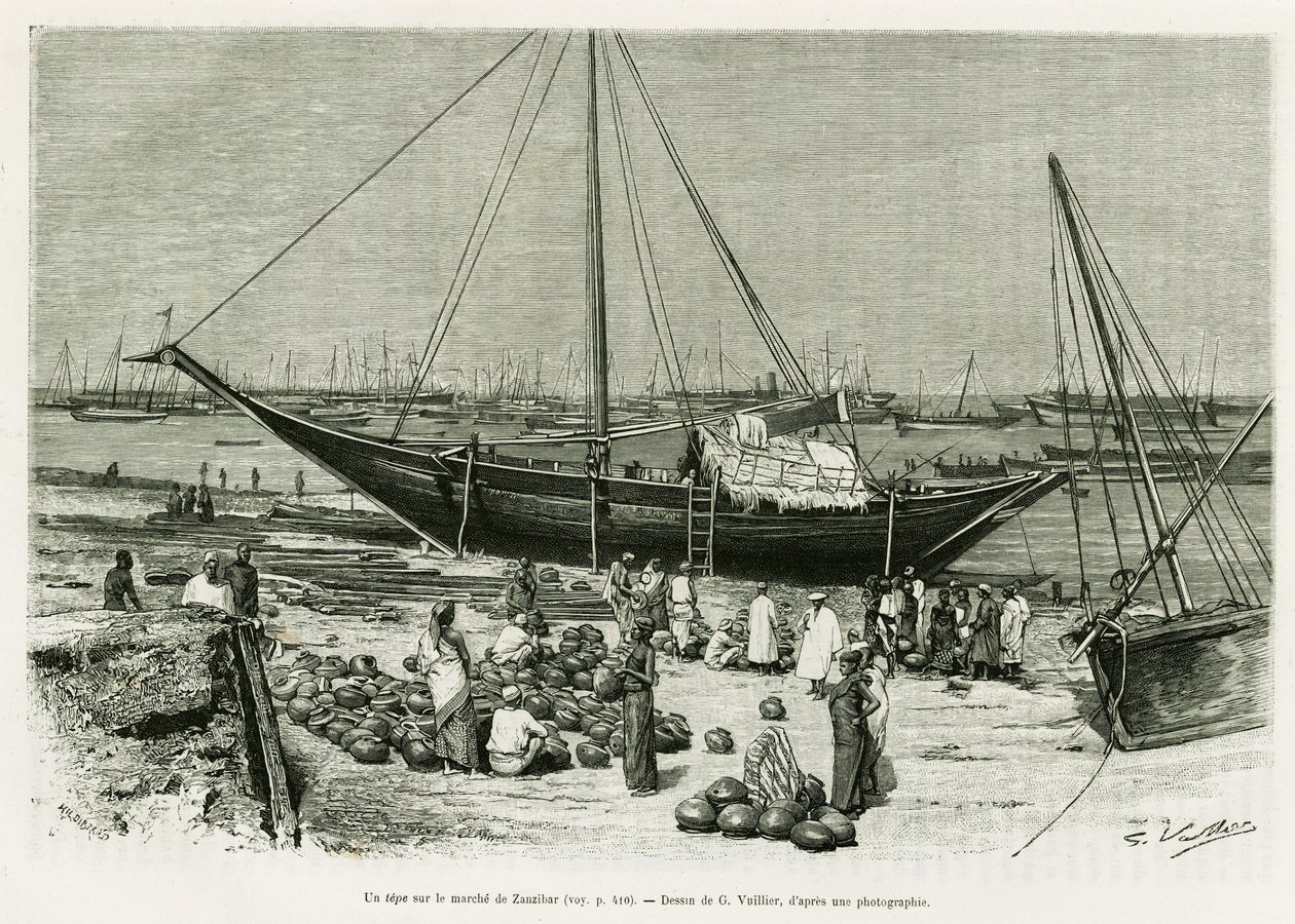 En tepe på Zanzibarmarknaden (Tanzania). Gravyr av G.Vuillier, för att illustrera berättelsen Voyage among the Benadirs, Somali and Bayouns, 1882 and 1883, by G.Revoil, in le tour du monde 1888, regisserad av Edouard Charton (1807-1890), Hachette, Paris. av Gaston Vuillier