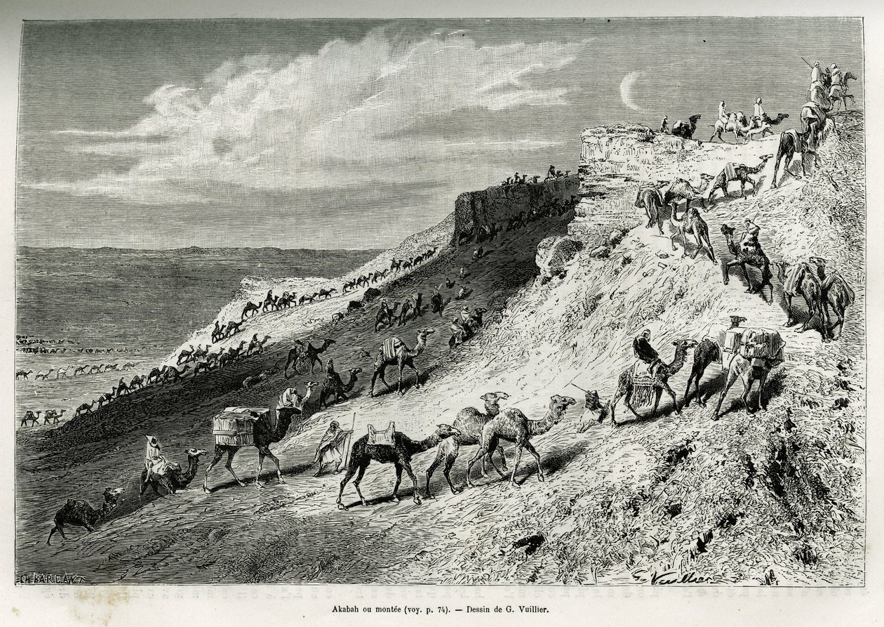 Akabah eller rada upp kameler från karavanen. Gravyr av G. Vuillier, för att illustrera berättelsen "" pelerinage au Nedjed, den arabiska rasens vagga", av Lady Anna Blunt, 1878-1879, publicerad i Tour du monde, under ledning av Edouard Charton (1807- 1 av Gaston Vuillier