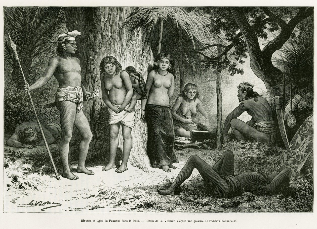 Bivack och typer av lungor i skogen. Gravyr av G.Vuillier, för att illustrera berättelsen De Koutei a Bandjirmasin, resa genom Borneo, av Carl Bock, i le tour du monde 1890, regisserad av Edouard Charton (1807-1890), Hachette, Paris. av Gaston Vuillier