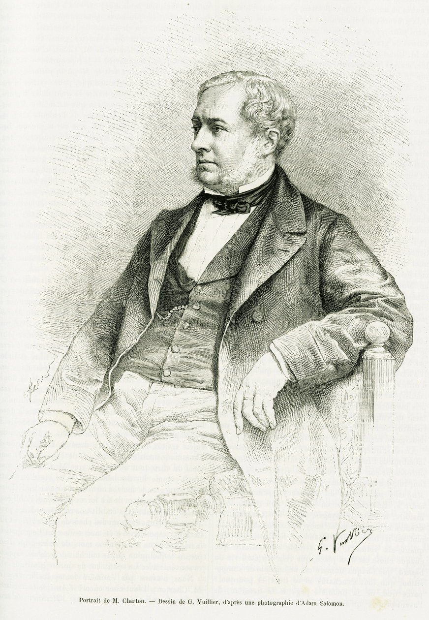 Porträtt av Edouard Charton. Gravyr av G.Vuillier, efter ett fotografi av Adam Salomon, för att illustrera artikeln med titeln M. Charton av Paul Laffite i le tour du monde 1890, redigerad av Edouard Charton (1807-1890), Hachette, Paris. av Gaston Vuillier