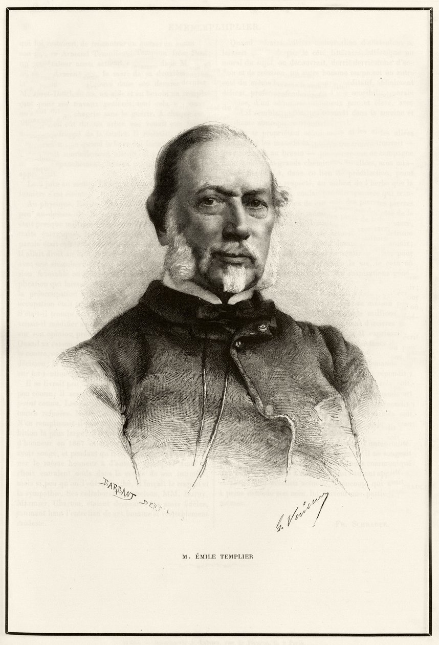 Porträtt av Emile Templier (1821-1891), medarbetare till Louis Hachette (1800-1864), ansvarig för tillverkningen av "Tour du monde". Gravyr av G.Vuillier, för att illustrera berättelsen "Från Paris till Tonkin, genom det okända Tibet"" av Gabriel Bonvalo av Gaston Vuillier