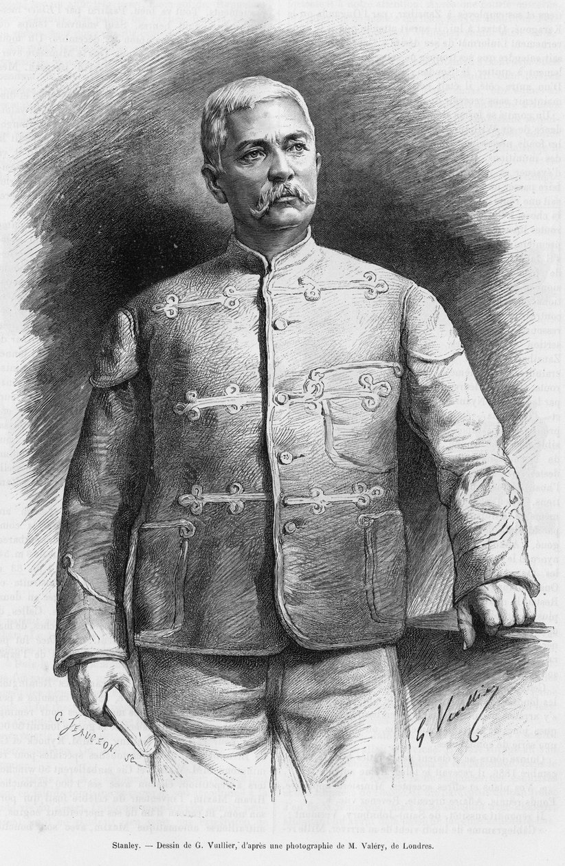Porträtt av Henry Morton Stanley (född John Rowlands 1841-1904) journalist och upptäcktsresande. Gravyr av G.Vuillier, för att illustrera berättelsen I Afrikas mörker, upptäckt forskning och reträtt av Emin Pasha av Gaston Vuillier