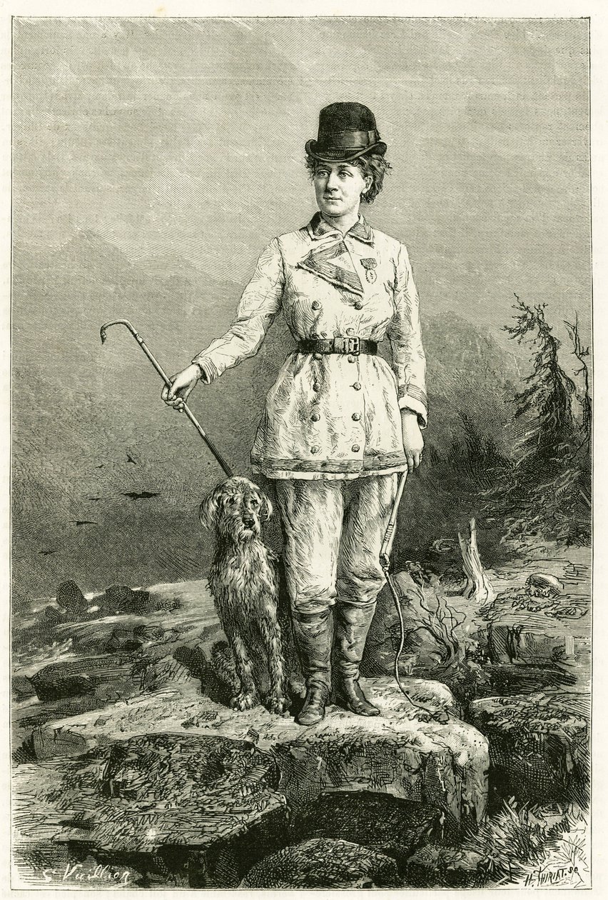 Porträtt av Madame Marie De Ujfalvy-Bourdon, i reseklänning, med sin hund, gift med etnologen lingvist och upptäcktsresande Charles Eugene Ujfalvy (1842-1904), hon följde med honom på alla hans expeditioner. Gravyr av G.Vuillier, efter naturen för att illu av Gaston Vuillier