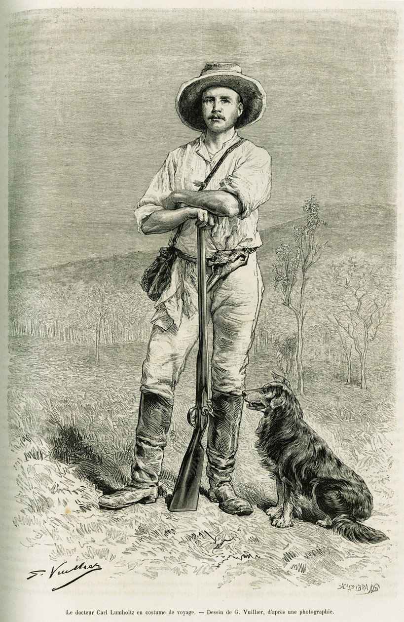 Porträtt av resenärförfattaren Carl Lumholtz. Gravyr av G.Vuillier, för att illustrera historien Chez les cannibales, resa i nordöstra Australien av Gaston Vuillier