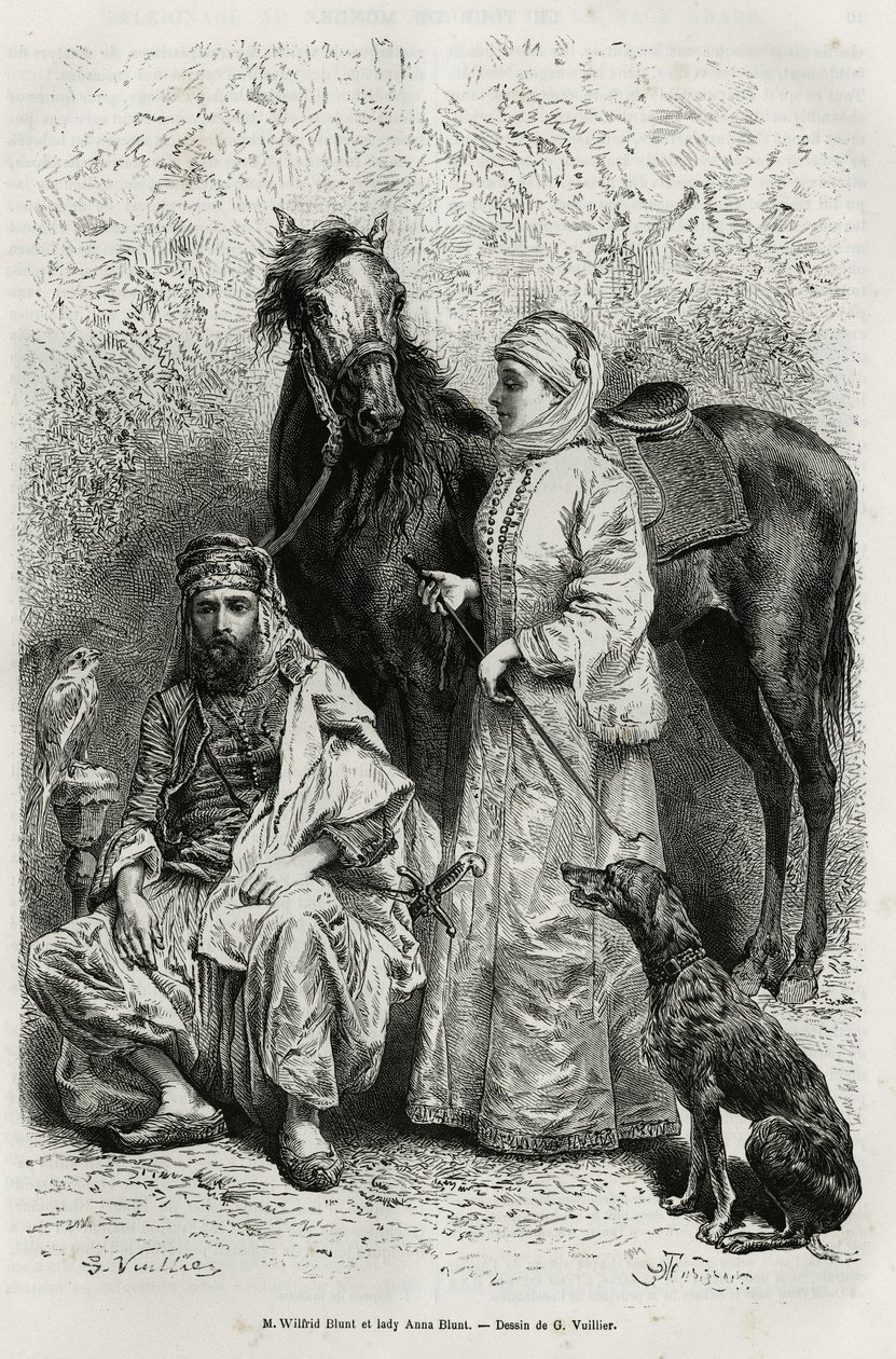 Porträtt av Mr. Wilfrid Blunt (1840-1922), poet och författare, och hans fru, Lady Anna Blunt (nee King Noel (King Noel) 1837-1917), den första europeiska kvinnan att utforska Mellanöstern, iklädd resedräkt , framför en av arabhästarna i deras stall av Gaston Vuillier