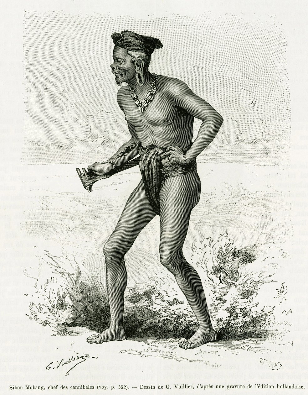 Sibou Mobang, chef för kannibaler. Gravyr av G.Vuillier, för att illustrera berättelsen De Koutei a Bandjirmasin, resa genom Borneo, av Carl Bock, i le tour du monde 1890, regisserad av Edouard Charton (1807-1890), Hachette, Paris. av Gaston Vuillier