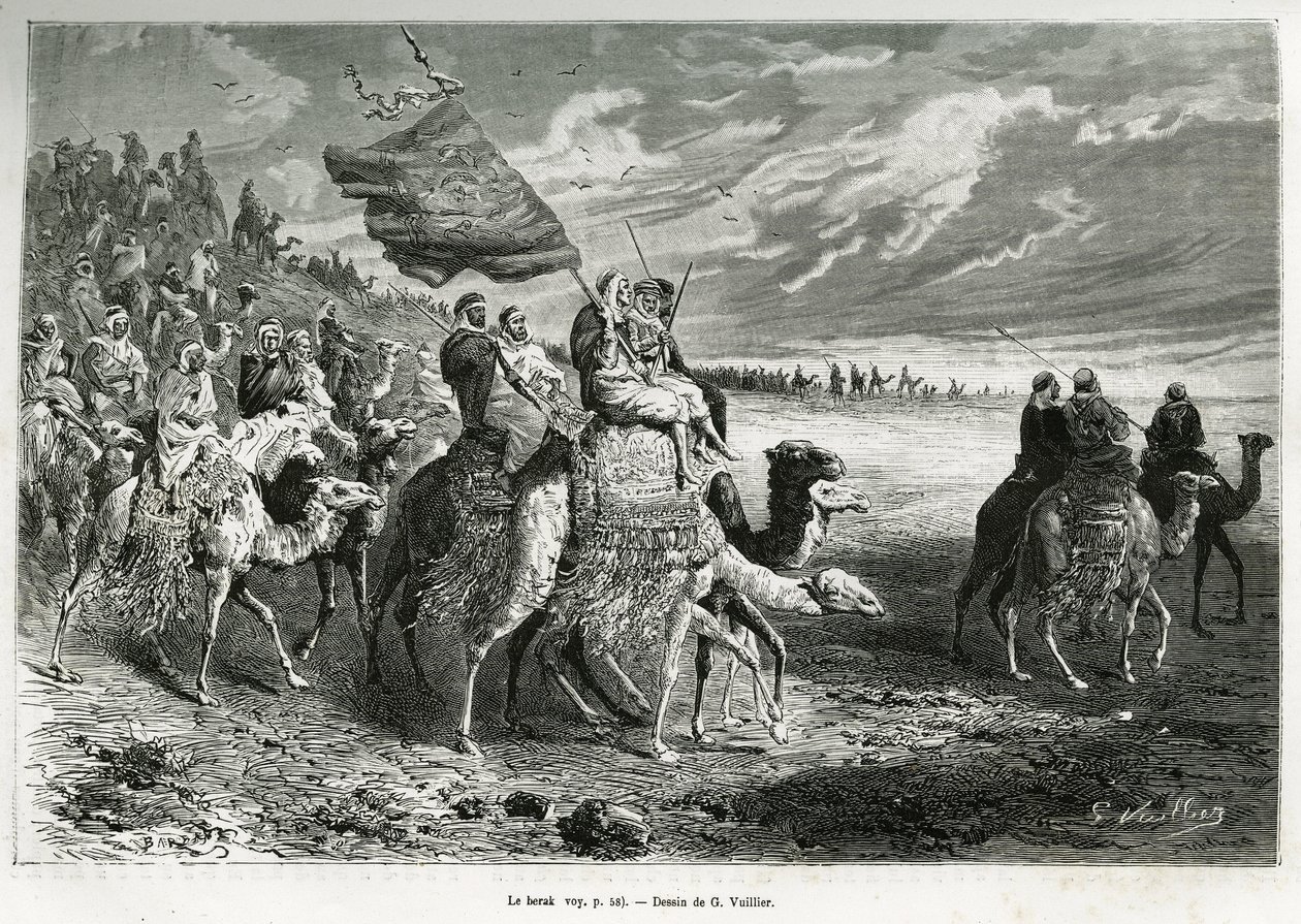 Berak, Emir Ibn Al Rashids flagga (1872-1890) (Saudiarabien). Gravyr av G. Vuillier, för att illustrera berättelsen "" pelerinage au Nedjed, den arabiska rasens vagga"", av Lady Anna Blunt, 1878-1879, publicerad i Tour du monde, under ledning av Gaston Vuillier
