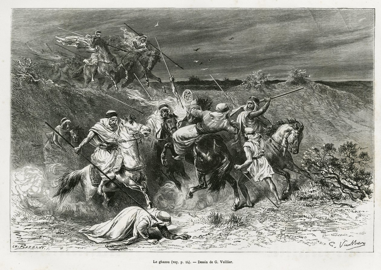 Ghazou, eller razzia, plundrar med en hand. Gravyr av G. Vuillier, för att illustrera berättelsen "" pelerinage au Nedjed, den arabiska rasens vagga"", av Lady Anna Blunt, 1878-1879, publicerad i Tour du monde, under ledning av Edouard Charton (1807- av Gaston Vuillier