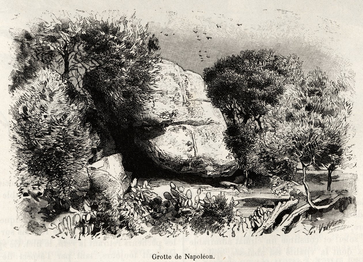 Grottan Napoleon, eller Napoleon Bonaparte (1769-1821) älskade att ta sin tillflykt som barn för att studera och meditera. Gravyr och berättelse "" La Corse"" av Gaston Vuillier (1845-1915), 1890, i Le tour du monde, nouveau journal des voyages, under ledn av Gaston Vuillier