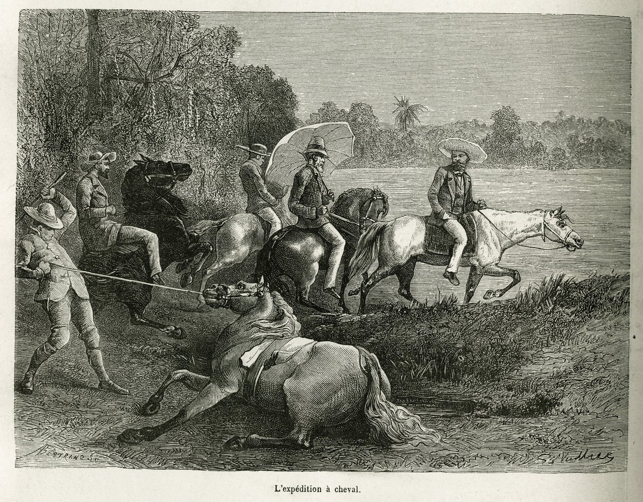 Expeditionen till häst för att utforska dalen Terable, gravering efter en teckning av G.Vuillier, för att illustrera historien De Cayenne aux Andes, av Jules Crevaux, doktor vid den franska flottan, 1878-1879, publicerad i turnén du monde, unde av Gaston Vuillier