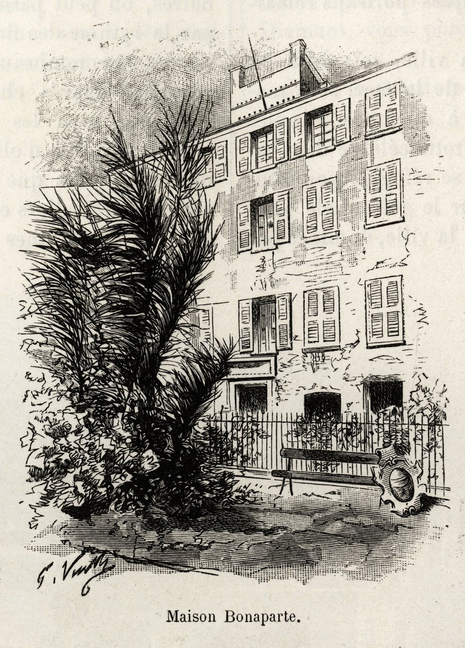 Fasaden på huset Bonaparte, där Napoleon Bonaparte (1769-1821) inte är. Gravyr och berättelse "" La Corse"" av Gaston Vuillier (1845-1915), 1890, i Le tour du monde, nouveau journal des voyages, under ledning av Edouard Charton (1807-189) av Gaston Vuillier