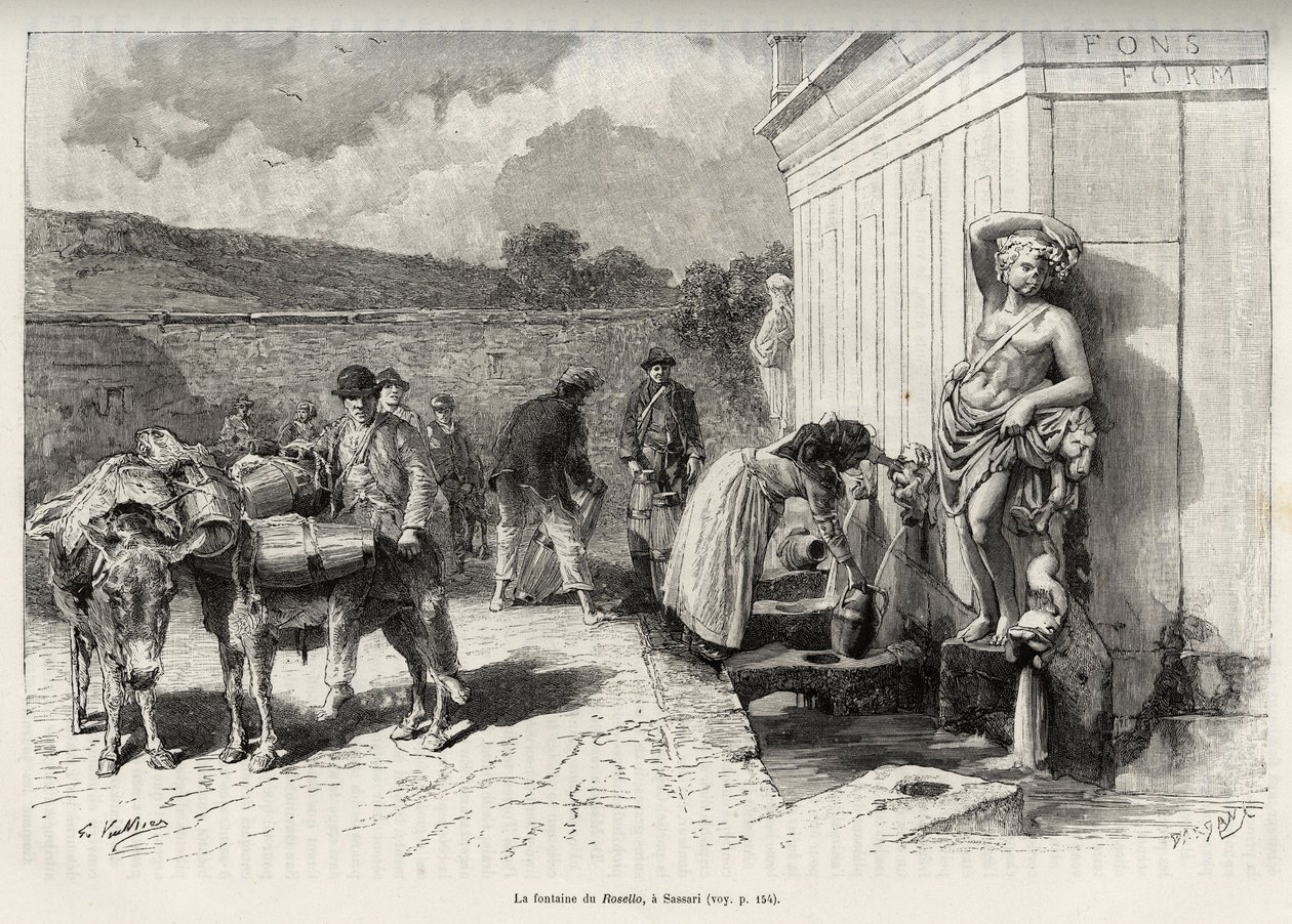 Fontänen av Rossello, i Sassari (Italien). Dagliga aktiviteter, kvinna som fyller en criche och vattenbärare med sina åsnor, fyller sina tunnor. Gravyr och berättelse "" La Sardaigne"" av Gaston Vuillier (1845-1915), 1890, i Le tour du monde, nouv av Gaston Vuillier