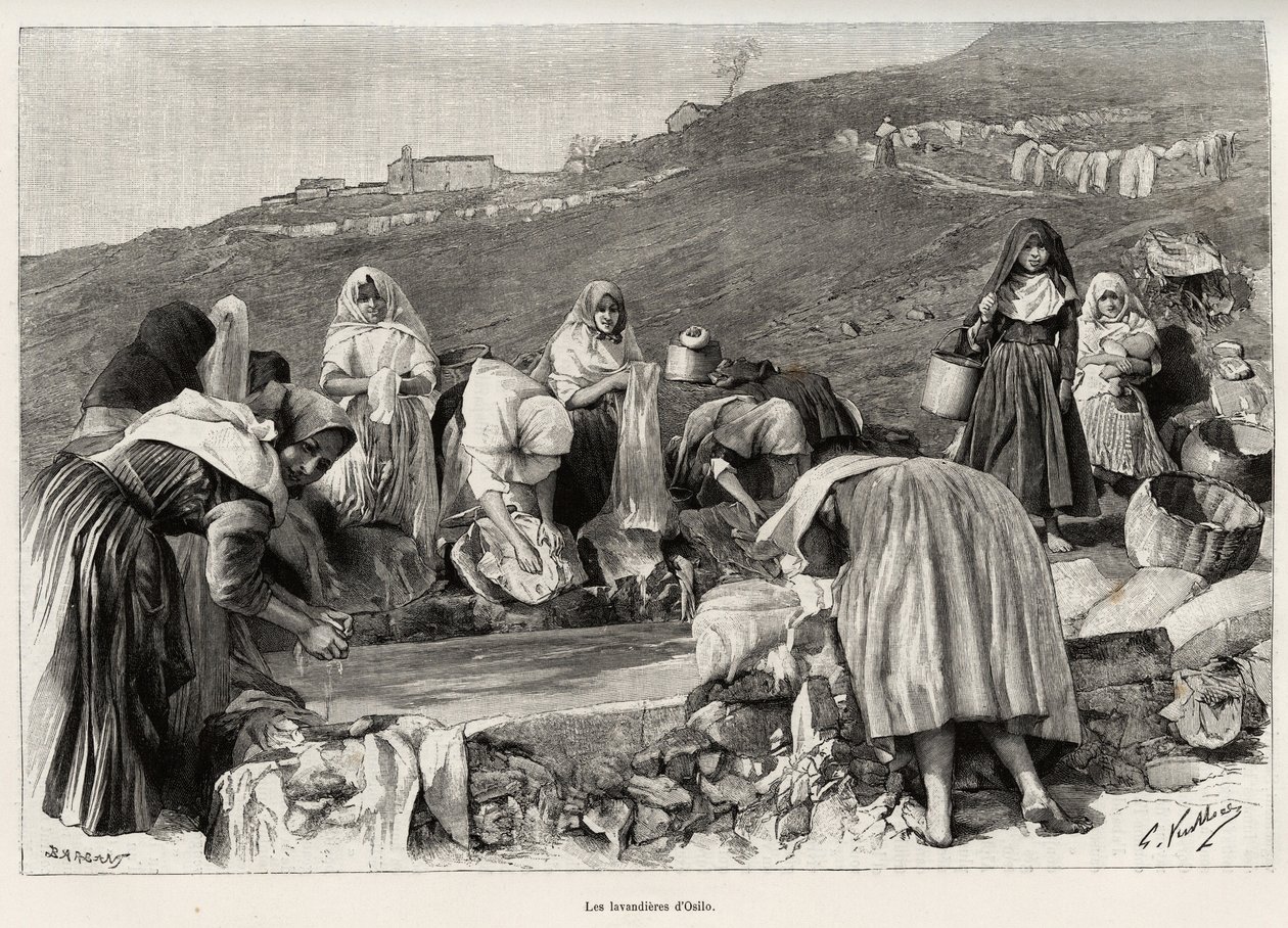 Lavendeln från Osilo (Italien), kvinnor samlades runt bassängen. Gravyr och berättelse "" La Sardaigne"" av Gaston Vuillier (1845-1915), 1890, i Le tour du monde, nouveau journal des voyages, under ledning av Edouard Charton (1807-1890), 2:a terminen av Gaston Vuillier
