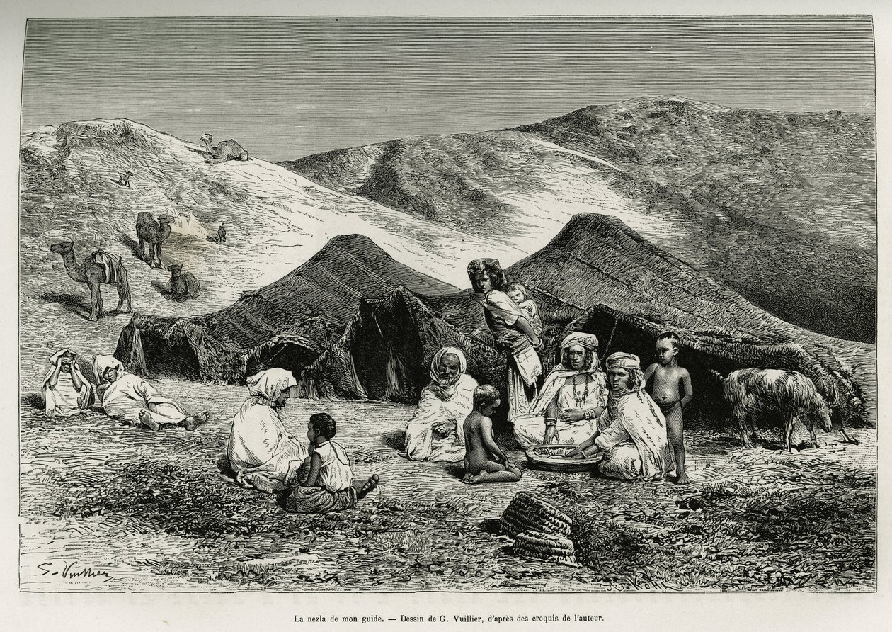 Min guides nezla (släkting). Gravyr av G.Vuillier, för att illustrera Algeriska Sahara, av V.Largeau, 1874-1878, publicerad i Tour du monde, under ledning av Edouard Charton (1807-1890) av Gaston Vuillier