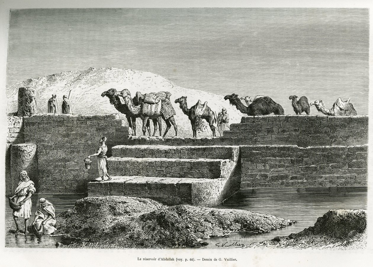 Abdallahs reservoar (Saudiarabien). Gravyr av G. Vuillier, för att illustrera berättelsen "" pelerinage au Nedjed, den arabiska rasens vagga", av Lady Anna Blunt, 1878-1879, publicerad i Tour du monde, under ledning av Edouard Charton (1807- 18 av Gaston Vuillier