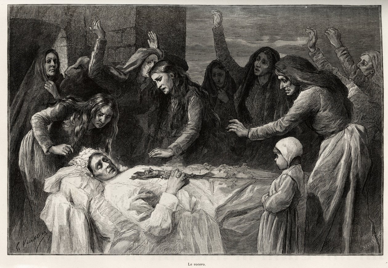 Voceron, korsikansk funebre-låt som uppmanar till hämnd. Gravyr och berättelse ""La Corse"" av Gaston Vuillier (1845-1915), 1890, i Le tour du monde, nouveau journal des voyages, under ledning av Edouard Charton (1807-1890) av Gaston Vuillier