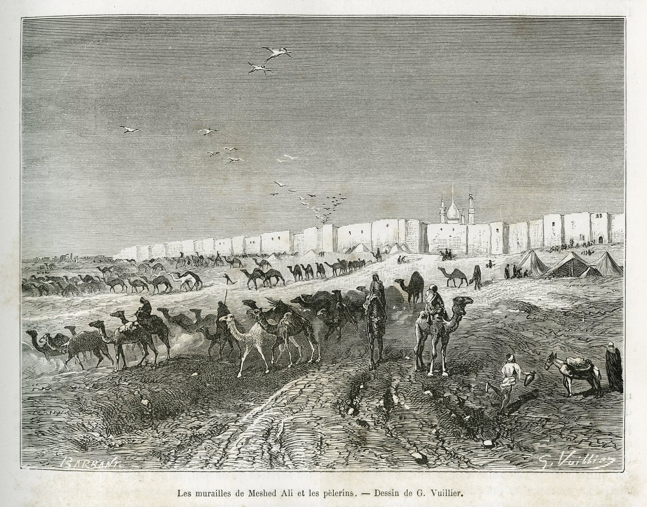 Meshed Alis väggar (Ali Ibn Abi Talib, död 661, kusin, lärjunge och svärson till Muhammed (570-632)) ligger i moskén i Najaf (Irak) och pelerinerna samlas för att fira den första och alla imamers far. Gravyr av G.Vuillier, till il av Gaston Vuillier