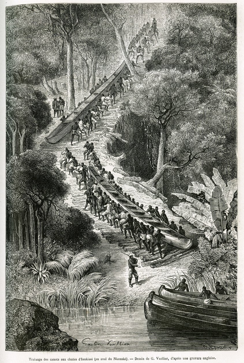 Traggande kanoter vid Innkissi Falls (eller Livingstone Falls) (Kongo), under ledning av Sir H.M.Stanley (1841-1904), teckning av G. Vuillier, för att illustrera historien "Through the Mysterious Continent", en resa som gjordes mellan 1874 -1877, av Sir H. av Gaston Vuillier