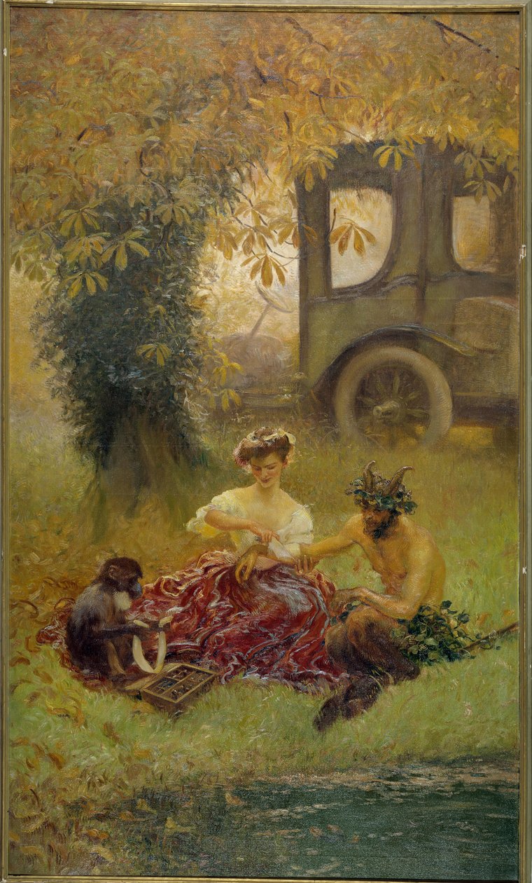 En ung kvinna assisterad av en apa läker ett djurliv (målning) av Gaston de la Touche
