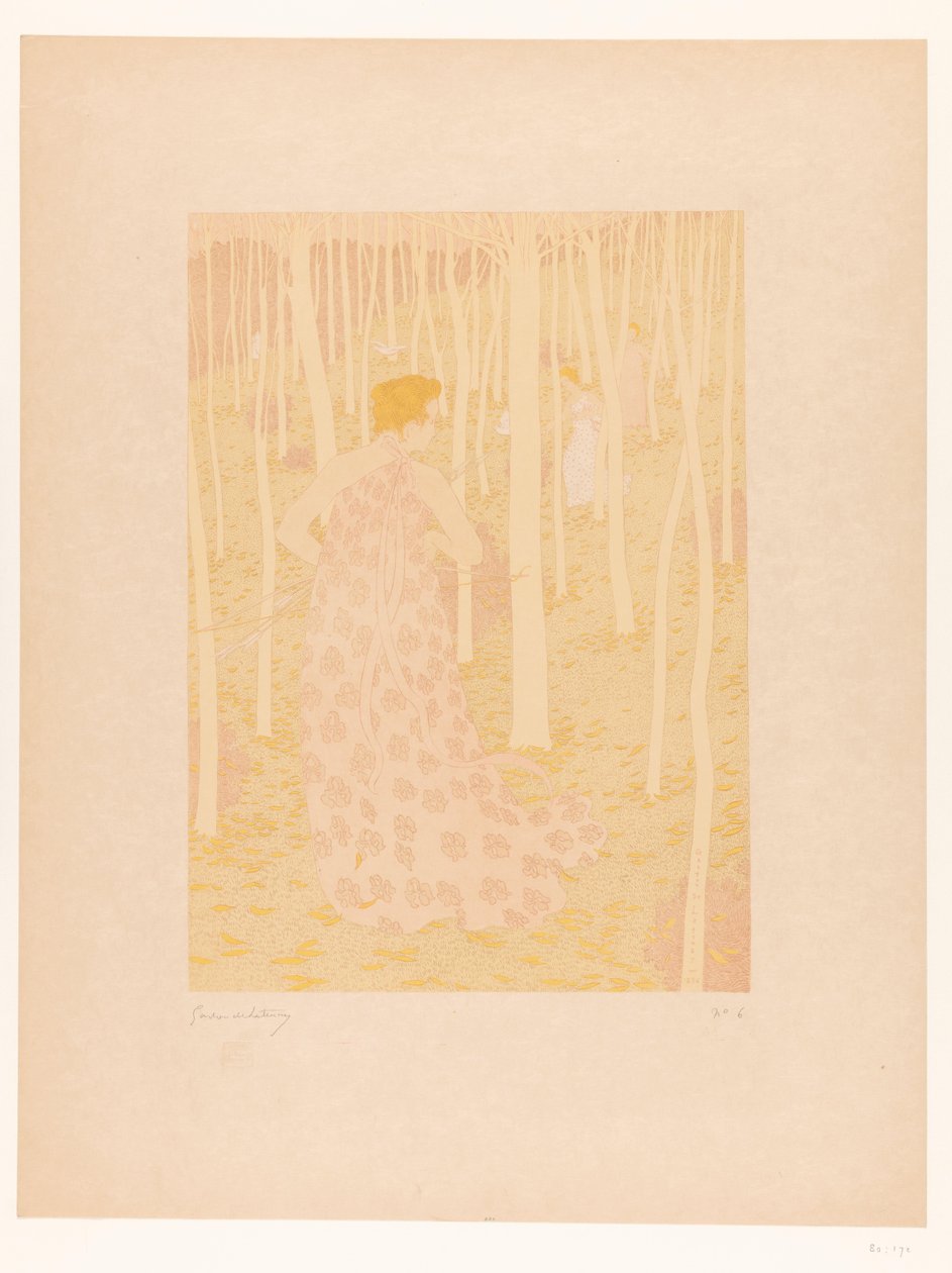 Kvinnor som jagar i en skog Chasseresses (originaltitel) av Gaston de Latenay (signed by artist)