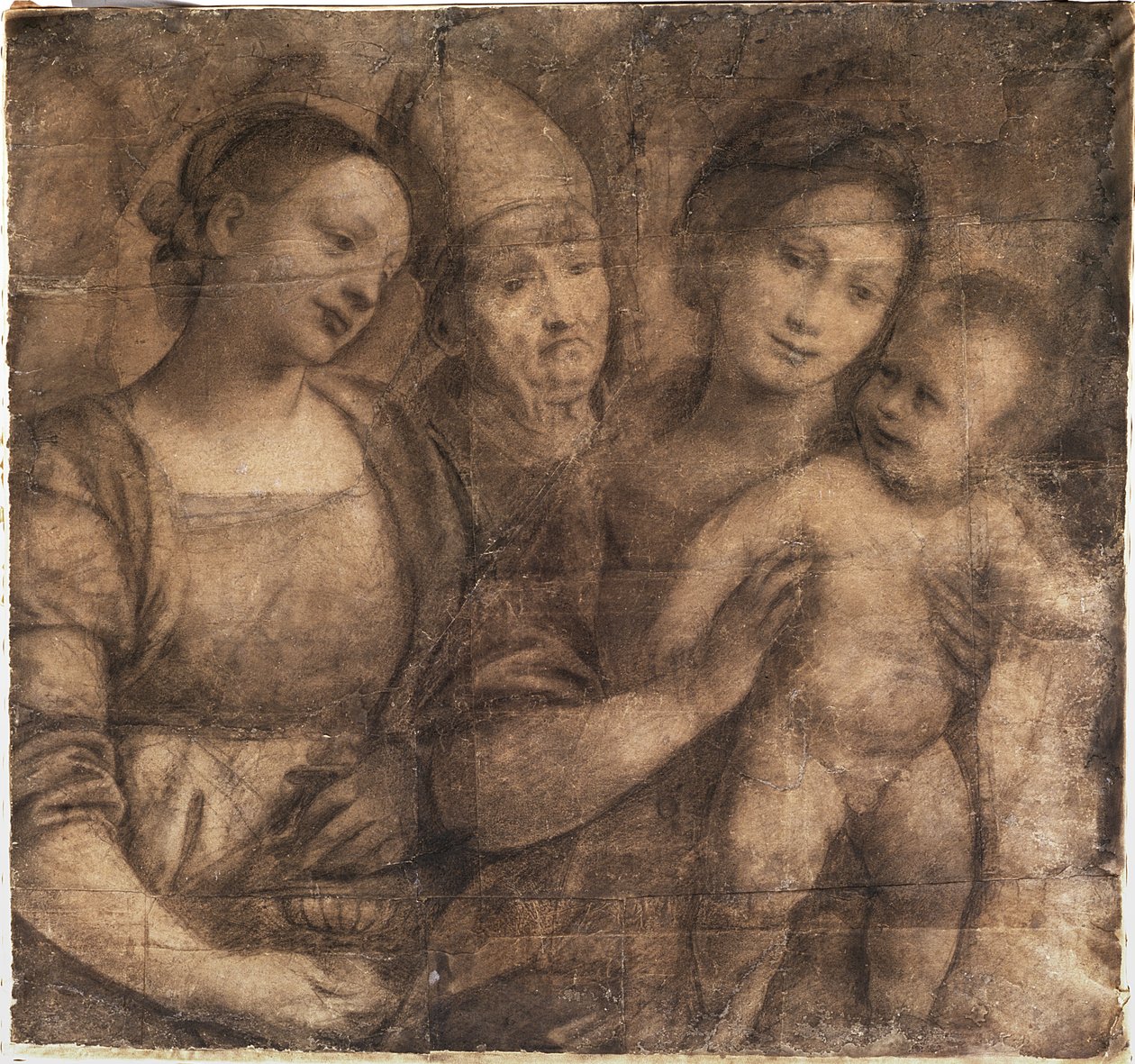 Madonnan och barnet med St. Maria Magdalena och en biskop (svart krita på sammanfogade ark av grått papper monterade på veläng) av Gaudenzio Ferrari