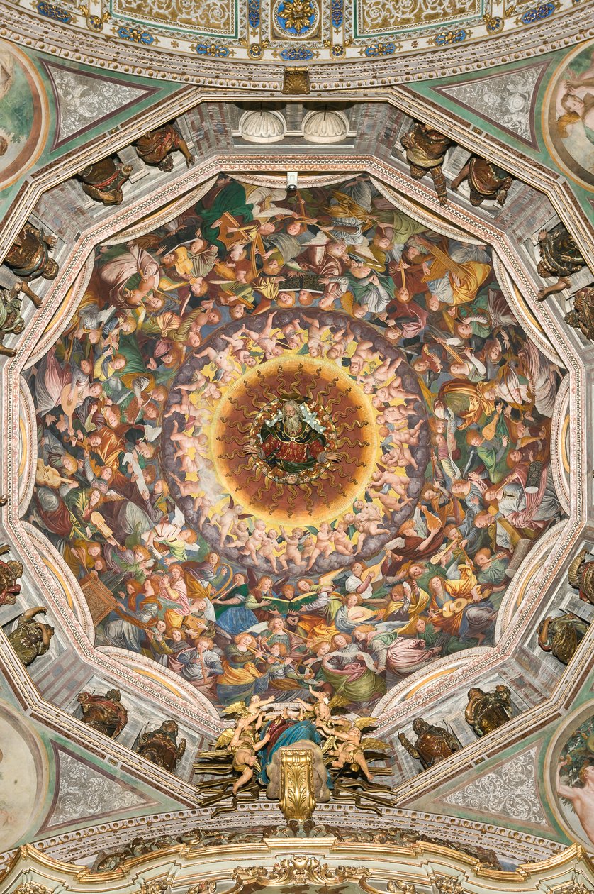 Antagandet av den välsignade jungfrun, känd som "Änglarnas kör som spelar musik", Dome of the transept, från 1534 (fresk) av Gaudenzio Ferrari