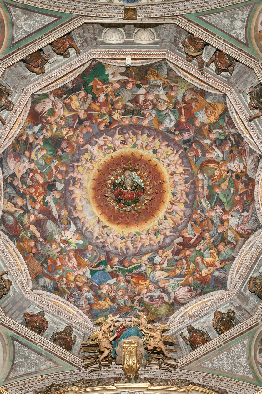 Antagandet av den välsignade jungfrun, känd som "Änglarnas kör som spelar musik", Dome of the transept, från 1534 (fresk) av Gaudenzio Ferrari