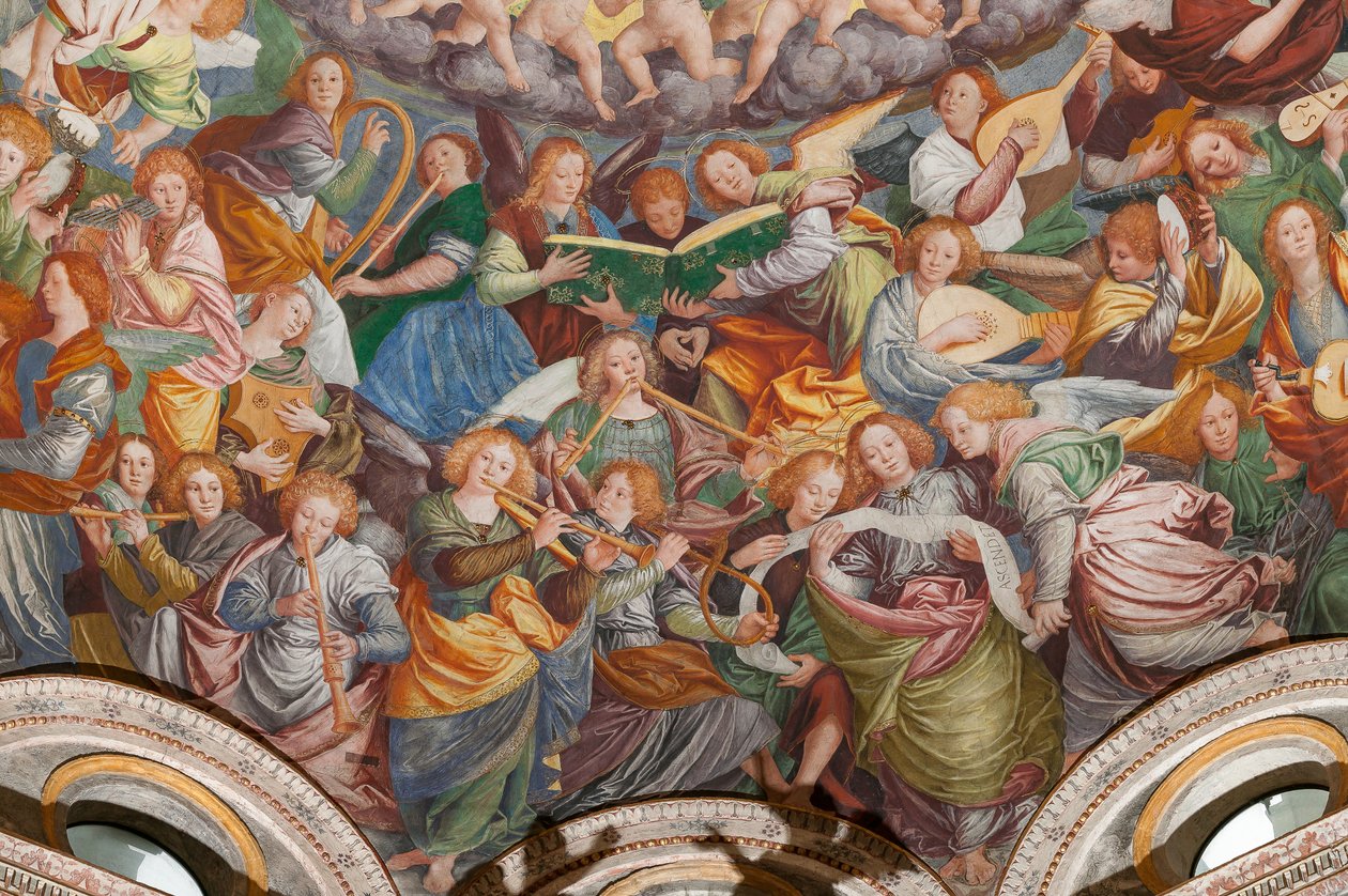 Detalj av antagandet av den välsignade jungfrun, känd som "Änglarnas kör som spelar musik", Kupolen på tvärskeppet, från 1534 (fresk) av Gaudenzio Ferrari