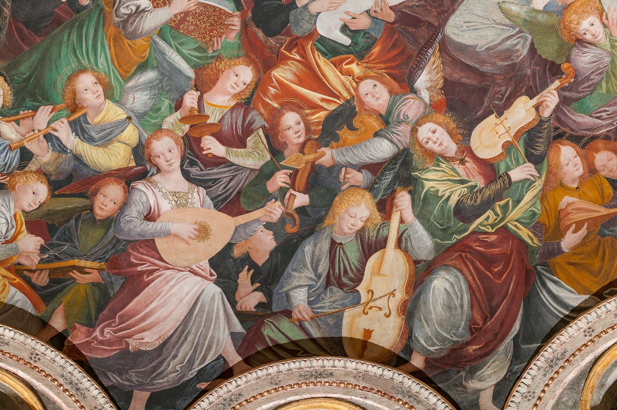 Detalj av antagandet av den välsignade jungfrun, känd som "Änglarnas kör som spelar musik", Kupolen på tvärskeppet, från 1534 (fresk) av Gaudenzio Ferrari