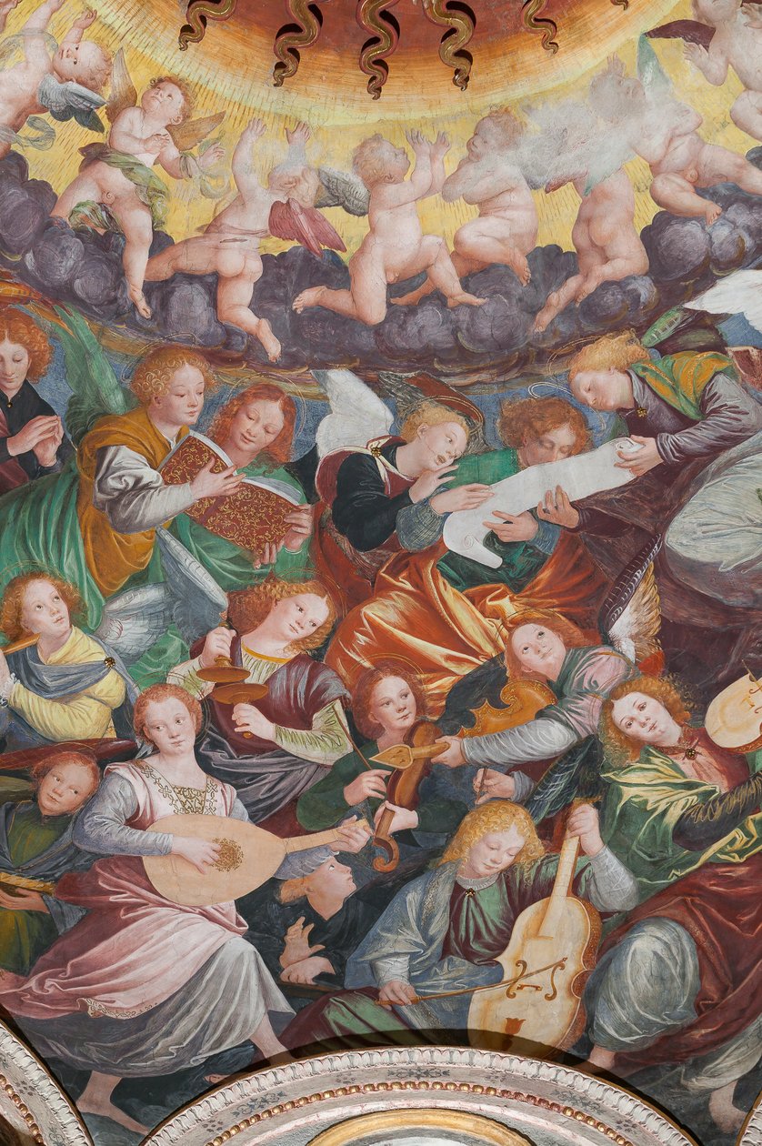Detalj av antagandet av den välsignade jungfrun, känd som "Änglarnas kör som spelar musik", Kupolen på tvärskeppet, från 1534 (fresk) av Gaudenzio Ferrari