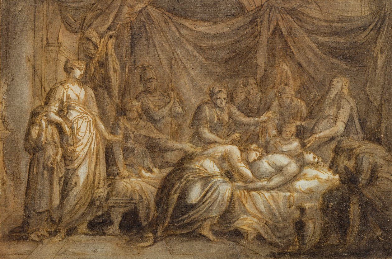 Andromache Mourning the Death of Hector, 1760-63 (penna och bläck och tvätt på papper) av Gavin Hamilton