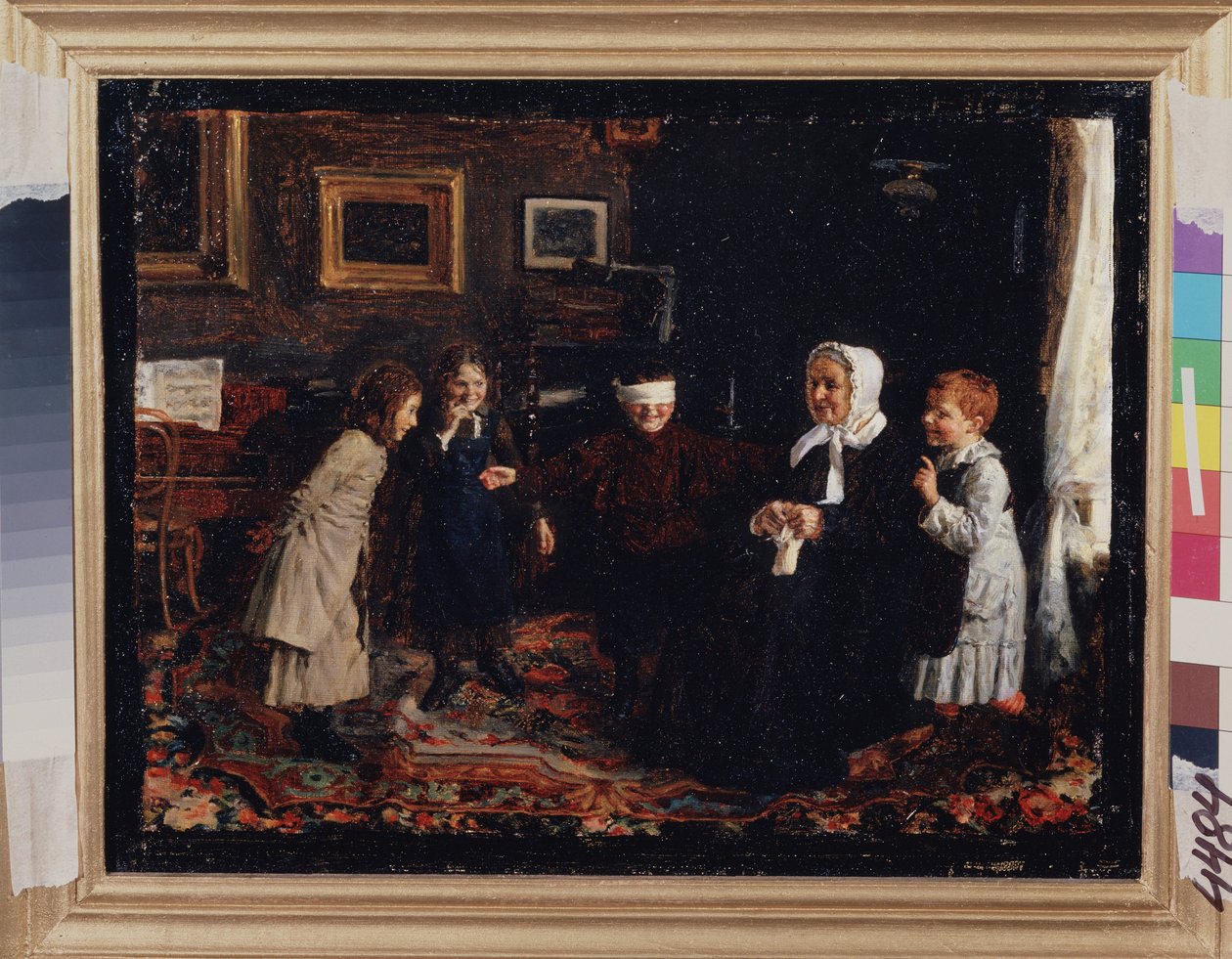 Colin maillard. Målning av Gavriil Fyodorovich Rybakov (1859-?), olja på duk, cirka 1880. Rysk konst från 1800-talet. Ryska statens museum, Sankt Petersburg. av Gavriil Fyodorovich Rybakov