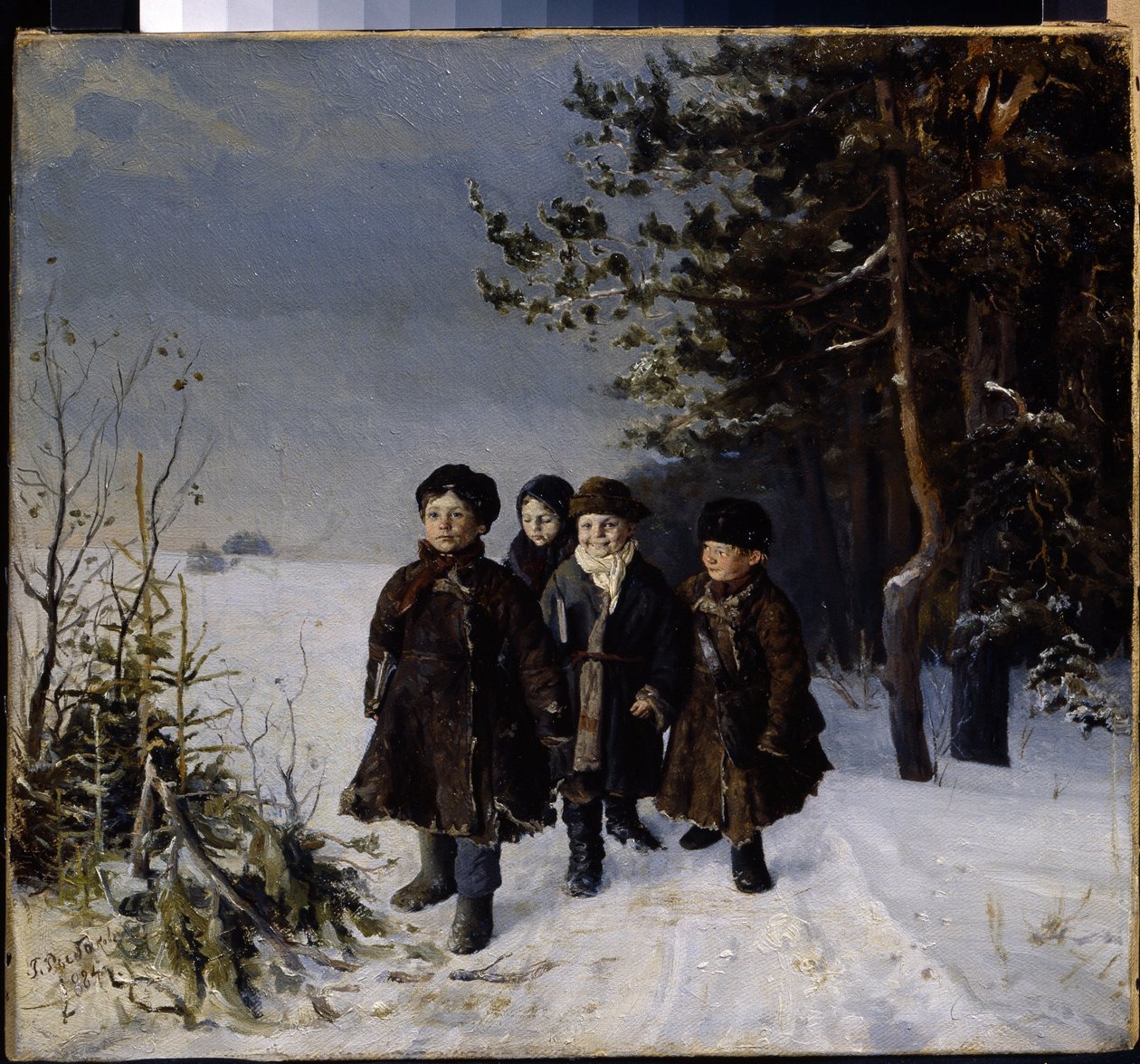 Tillbaka från skolan - Målning av Gavriil Fyodorovich Rybakov (1859-?), olja på duk av Gavriil Fyodorovich Rybakov