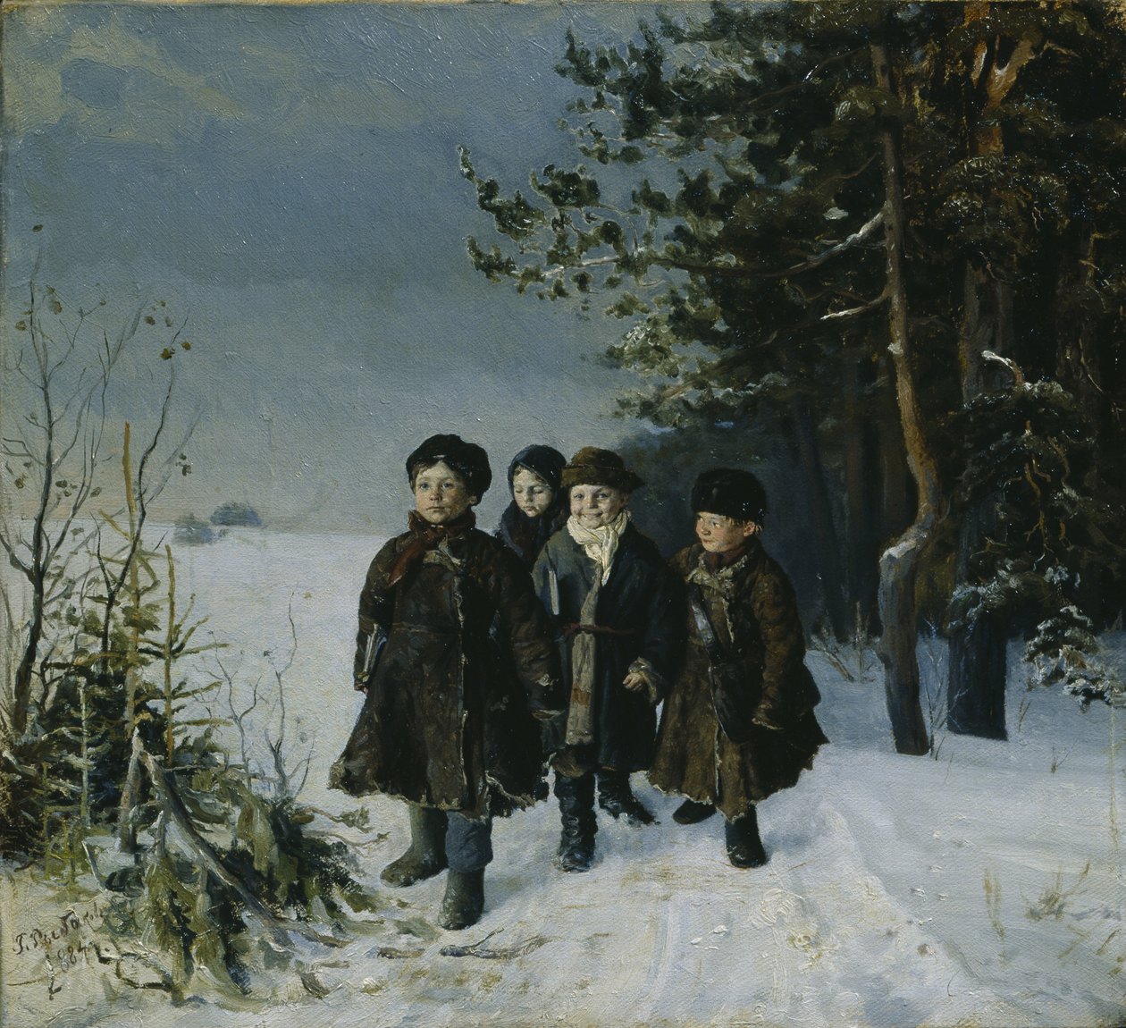 Hemkomst från skolan, 1884 av Gavriil Fyodorovich Rybakov