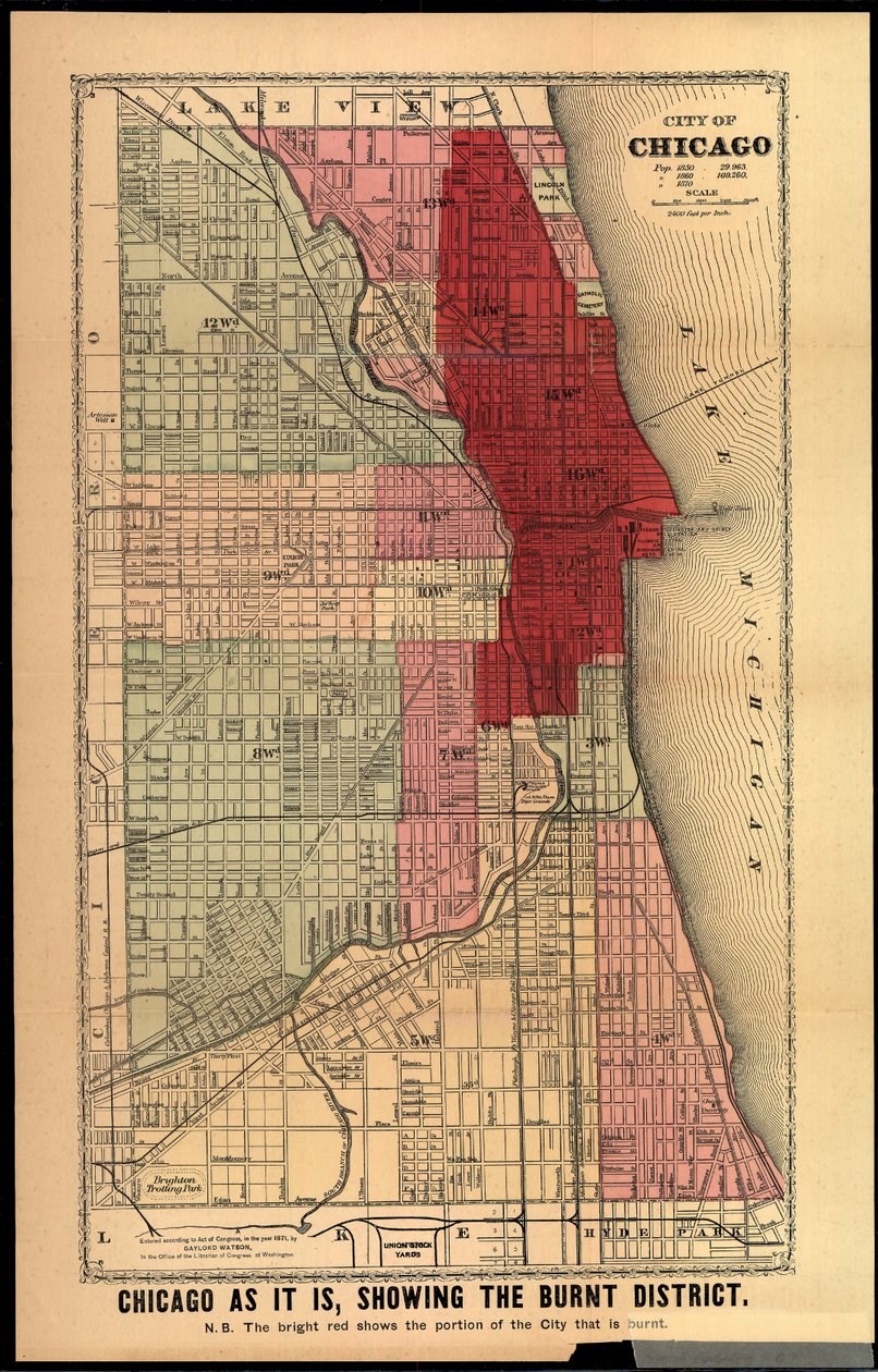 Chicago As It Is, Showing the Burnt District, från History of the Great Fires in Chicago and the West av Edgar Johnson Goodspeed, publicerad Chicago, 1871 (handfärgad lito) av Gaylord Watson