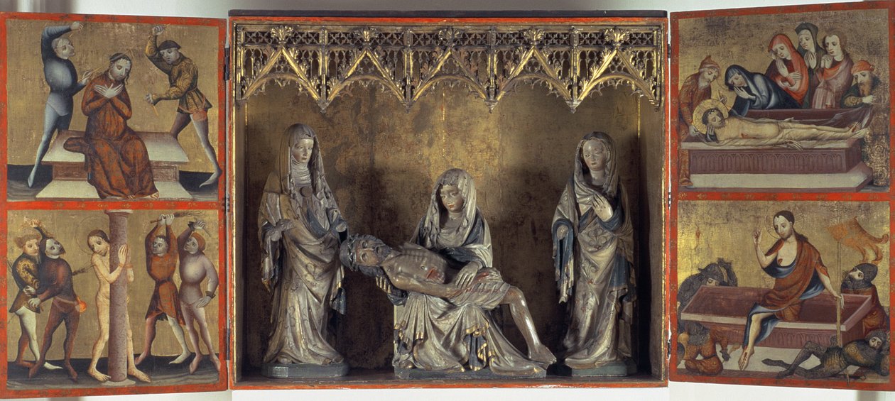 Altartavla som föreställer klagosången och Kristi lidande (altare från St. Elizabeth Thüringen) c.1410 (tempera på panel och kalksten) av Gdansk School