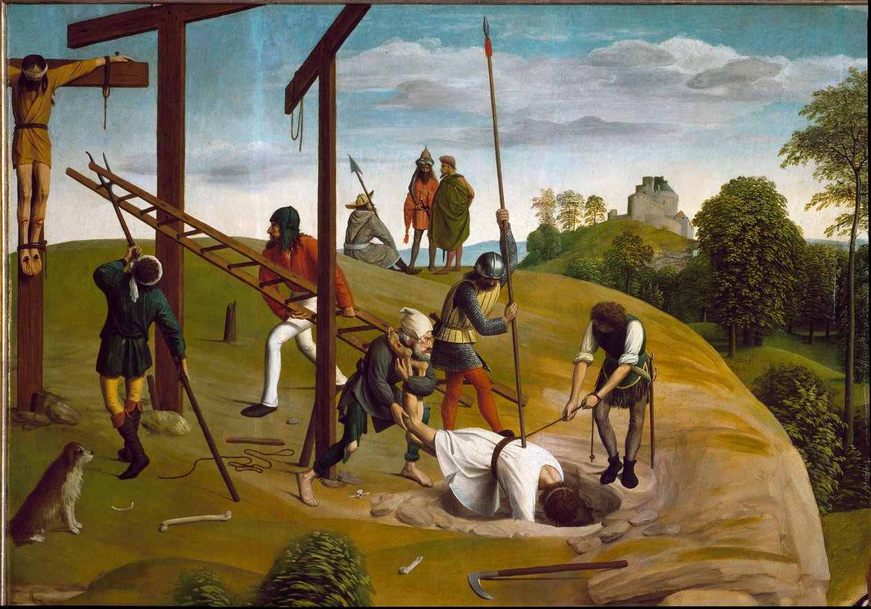 Klagoång över Kristi död. Detalj av korsets nedstigning. (Målning av Geertgen Tot sint Jans