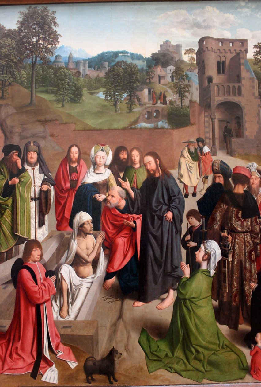 Holländska:  De opwekking van Lazarus Lazarus uppståndelse med ett par donatorer med sin dotter av Geertgen Tot sint Jans