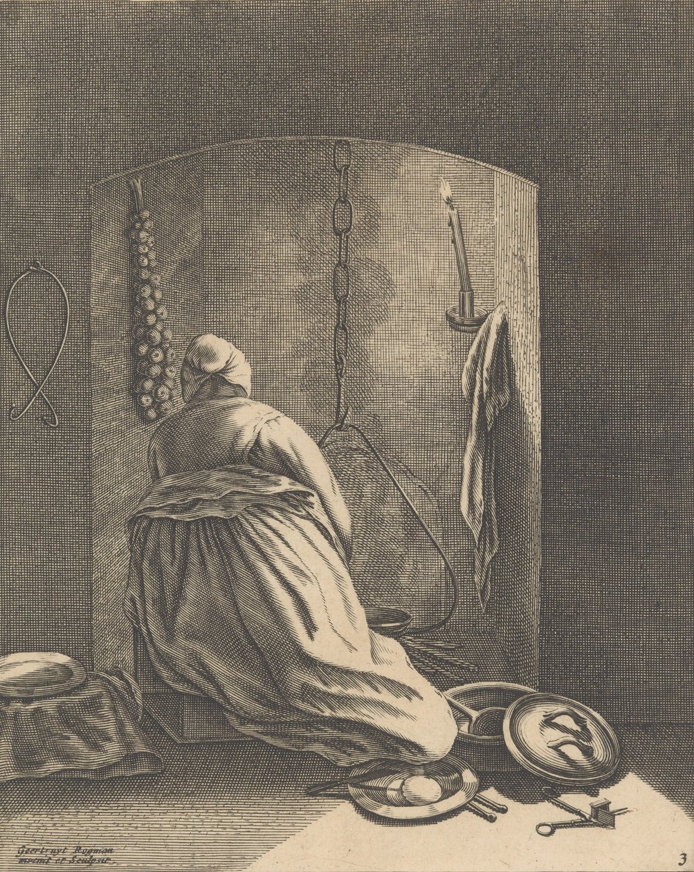 A Woman Cooking, tallrik 3 från Fem feminina yrken, ca. 1640-57., ca. 1640-57. av Geertruydt Roghman