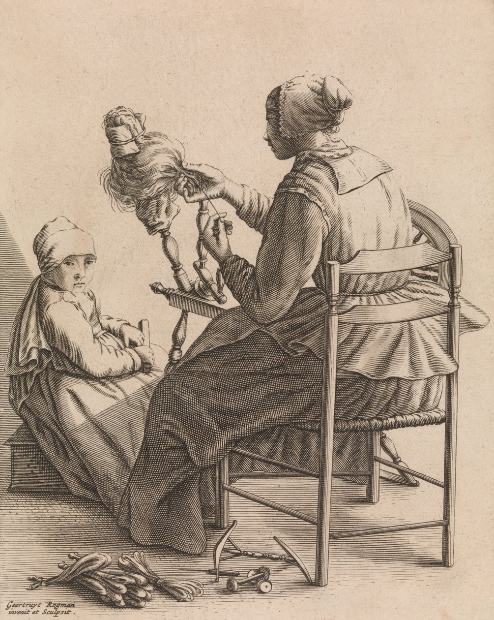 A Woman Spinning, tallrik 4 från Five Feminine Occupations, ca. 1640-57. av Geertruydt Roghman