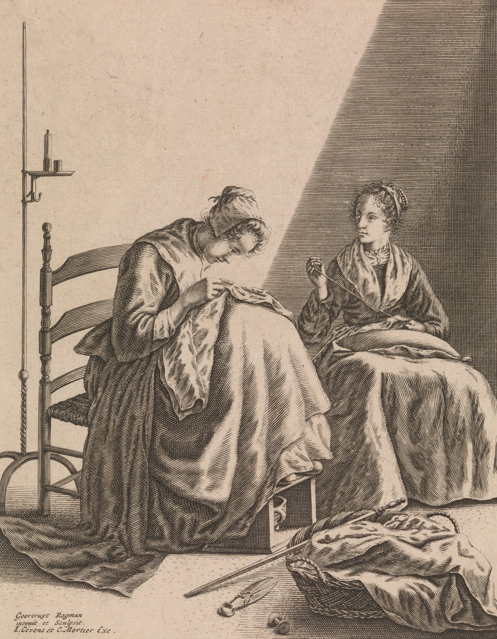 Two Women Sewing, Tallrik 1 från Five Feminine Occupations, ca. 1640-57. av Geertruydt Roghman