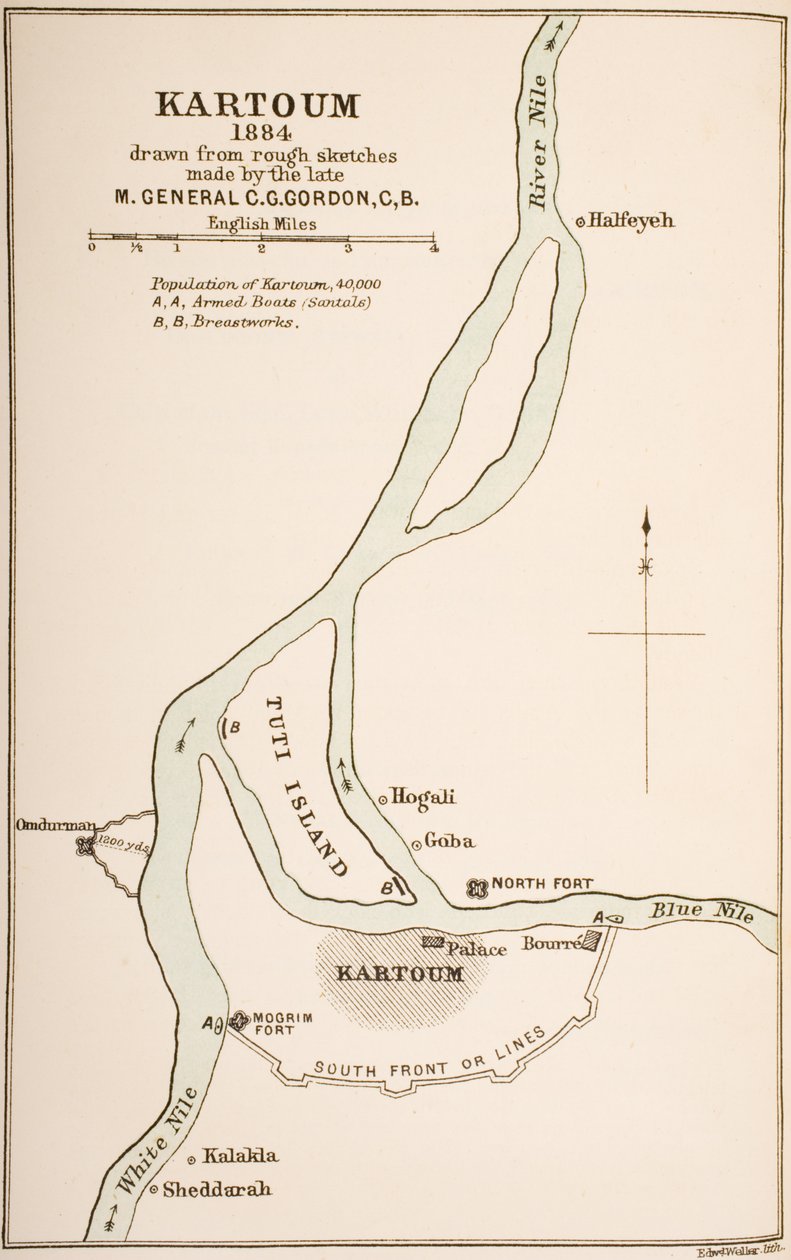 Kartoum, Sudan, 1884, ur "The Journals of Major-General C.G. Gordon, C.B. at Kartoum", utgiven av Kegan Paul Trench und Co., London, 1885. av General Charles Gordon