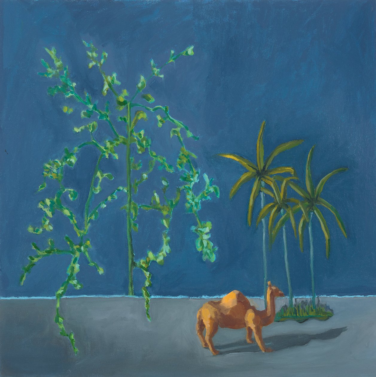 Kamel och två träd, 2019 (olja på pannå) av Genevieve French