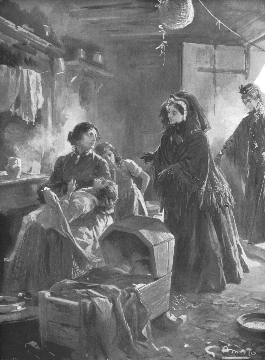 "Drottning Victoria och de fattiga: Hennes Majestät på besök i ett stughem", 1901. av Gennaro Amato