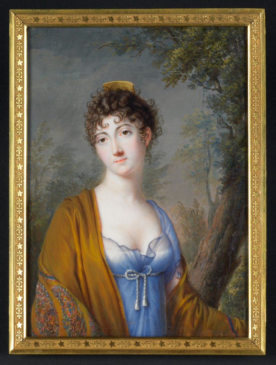 Dam i blått med gul sjal, ca 1800 (akvarell på elfenben) av Genot Genot