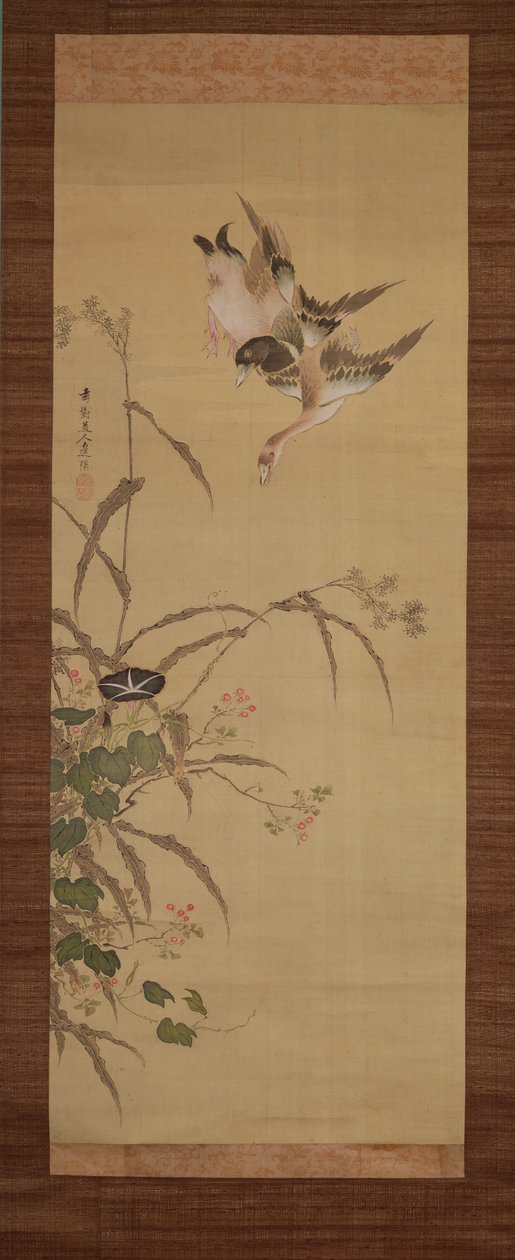 Ankor, blommor och gräs, ca 1800-22 (bläck och färger på silke) av Gentai Sanjin